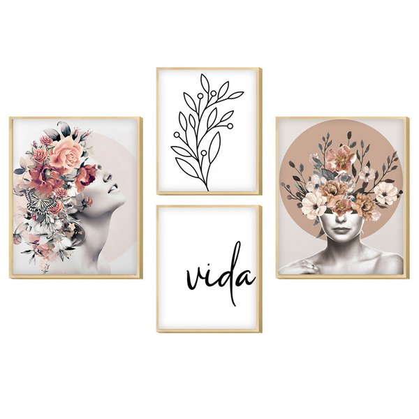 Kit 4 Quadros Decorativos Flores Mulher Minimalista Quarto Kit 4 Quadros Decorativos Flores Mulher Minimalista Quarto