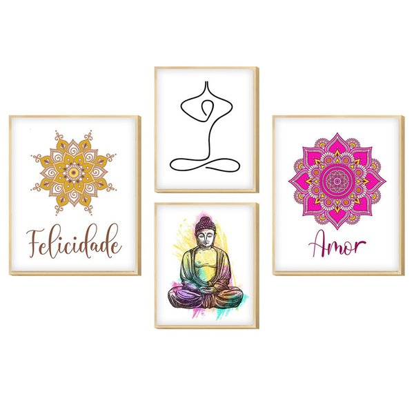Kit 4 Quadros com Moldura Yoga Meditação Amor Decoração Kit 4 Quadros com Moldura Yoga Meditação Amor Decoração