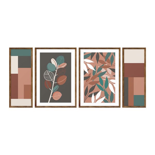 Kit 4 Quadros Decorativos com Moldura Geométrico Folhas Sala Escritório Kit 4 Quadros Decorativos com Moldura Geométrico Folhas Sala Escritório