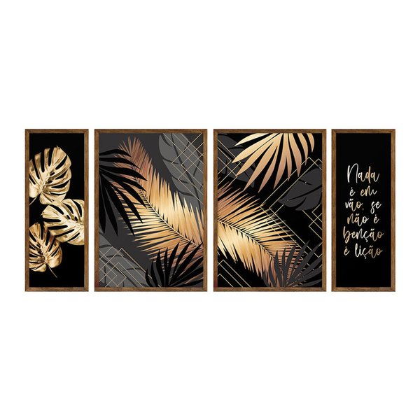 Kit 4 Quadros Decorativos Frases Folhas Douradas Escritório Kit 4 Quadros Decorativos Frases Folhas Douradas Escritório