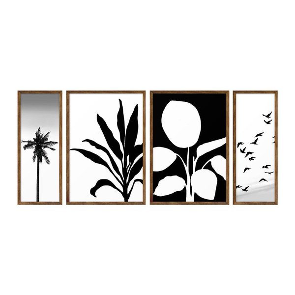 Kit 4 Quadros com Moldura Plantas Pássaros Escritório Sala Kit 4 Quadros com Moldura Plantas Pássaros Escritório Sala