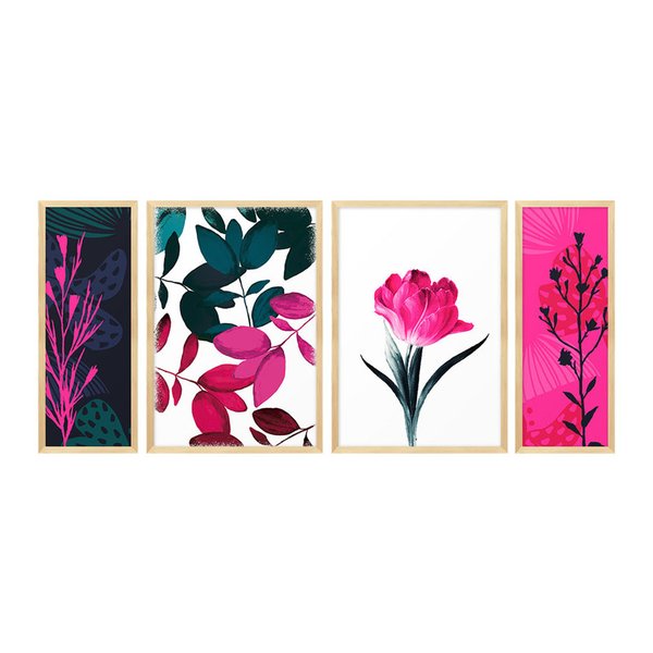 Kit 4 Quadros Decorativos Flores Folhas Rosa Quarto Kit 4 Quadros Decorativos Flores Folhas Rosa Quarto