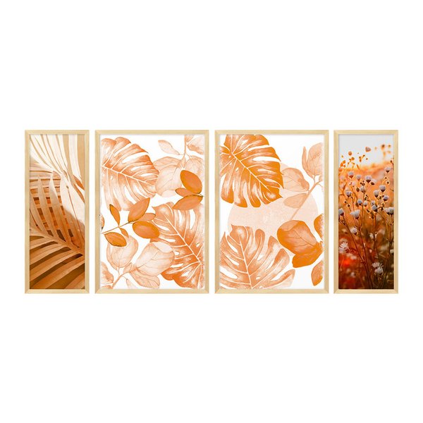 Kit 4 Quadros Decorativos com Moldura Folhas Flores Sala Kit 4 Quadros Decorativos com Moldura Folhas Flores Sala