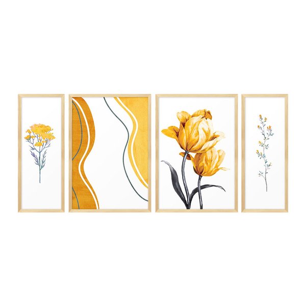 Kit 4 Quadros para Decoração Flores Rosas Amarelas Sala Quarto Kit 4 Quadros para Decoração Flores Rosas Amarelas Sala Quarto