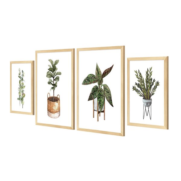 Kit 4 Quadros Decorativos com Moldura Plantas Moderno Sala Kit 4 Quadros Decorativos com Moldura Plantas Moderno Sala