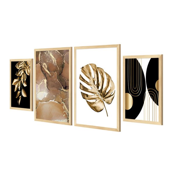 Kit 4 Quadros para Decoração Folhas Douradas Abstrato Sala Kit 4 Quadros para Decoração Folhas Douradas Abstrato Sala
