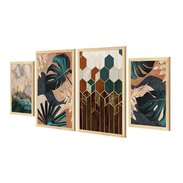 Kit 4 Quadros para Decoração Abstrato Folhas Geométrico Sala Kit 4 Quadros para Decoração Abstrato Folhas Geométrico Sala