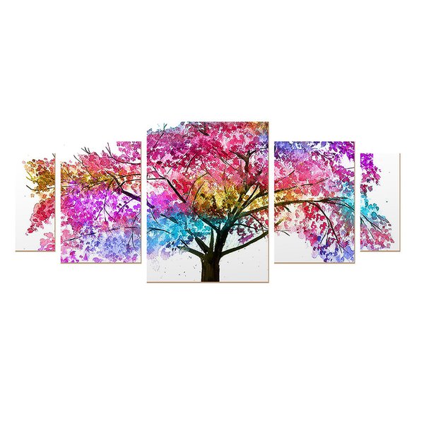 Kit 5 Quadros sem Moldura Árvore Colorida Decoração Sala Kit 5 Quadros sem Moldura Árvore Colorida Decoração Sala