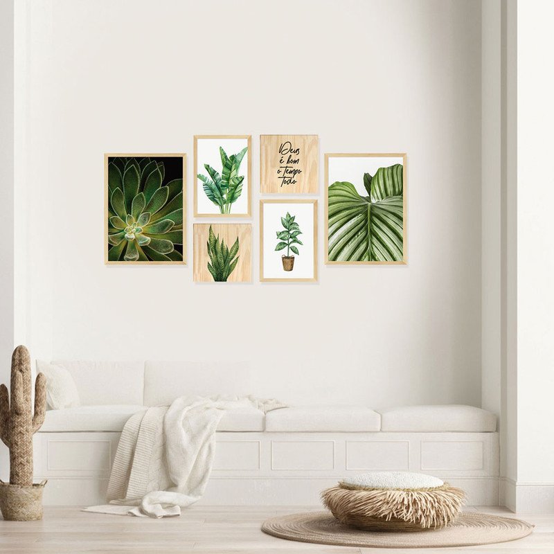 Kit 6 Quadros Decorativos Plantas Folhagens Frases Sala Quarto