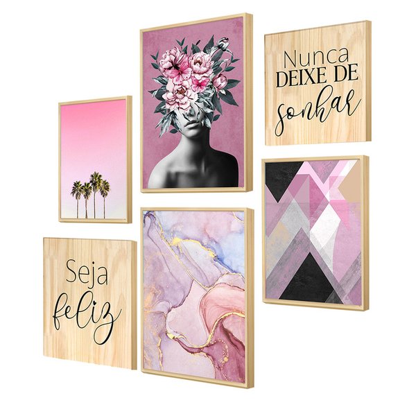 Kit 6 Quadros Decorativos Hall Entrada Moldura Caixa Pinus Frases Feminino Moderno Colorido Kit 6 Quadros Decorativos Hall Entrada Moldura Caixa Pinus Frases Feminino Moderno Colorido