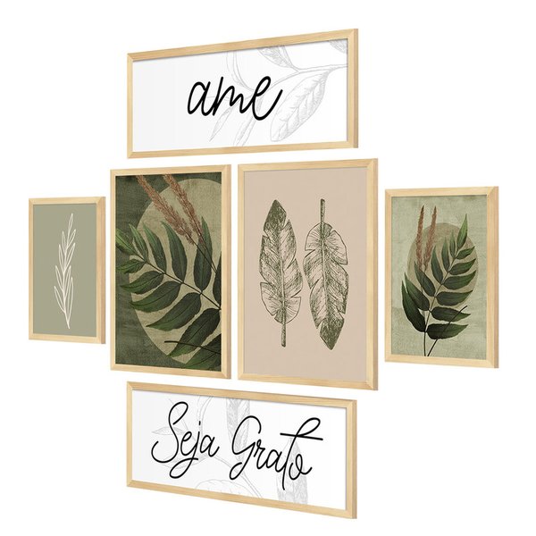 Kit 6 Quadros com Moldura Folhas Frases Decoração Quarto Kit 6 Quadros com Moldura Folhas Frases Decoração Quarto