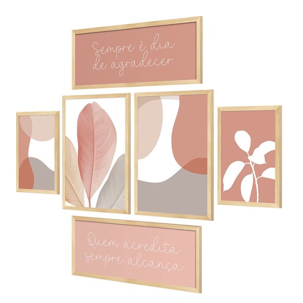 Kit 6 Quadros Decorativos para Quarto Frases Folhas Abstrato Kit 6 Quadros Decorativos para Quarto Frases Folhas Abstrato
