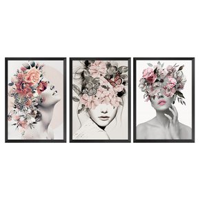 Kit 3 Quadros Decorativos Mulher Surreal Flores Abstrato