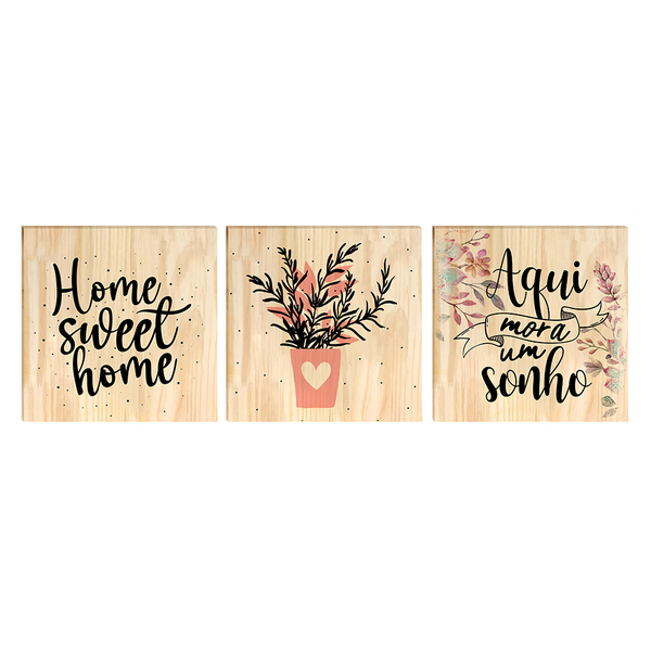 Kit 3 Quadros Decorativos com Moldura Pinus para Sala Flores Planta Lar Família Kit 3 Quadros Decorativos com Moldura Pinus para Sala Flores Planta Lar Família