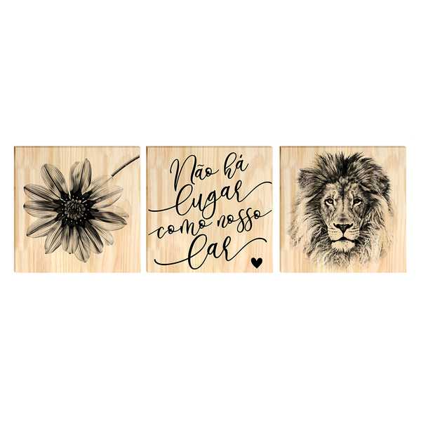 Kit 3 Quadros Decorativos Moderno Pinus para Sala Flor Leão Lar Família Kit 3 Quadros Decorativos Moderno Pinus para Sala Flor Leão Lar Família