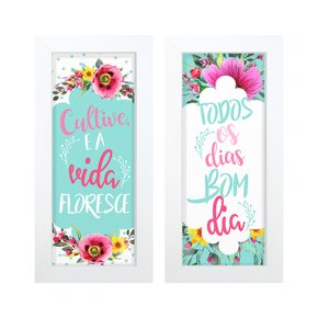 Dupla de Quadros Decorativos Frases Inspiração Colorido Sala Flores Vida Quarto Feminino Mulher