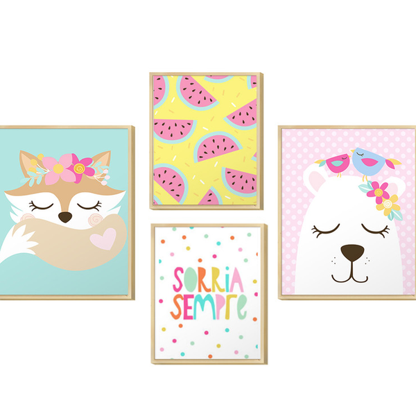 Kit 4 Quadros Criança Colorido Infantil Animais e Frases Kit 4 Quadros Criança Colorido Infantil Animais e Frases