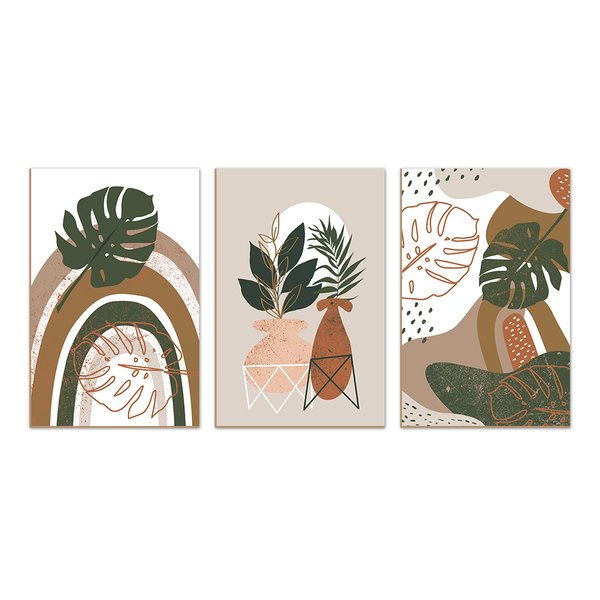 Kit 3 Quadros Boho Folhagens Abstrato Tons Terrosos Kit 3 Quadros Boho Folhagens Abstrato Tons Terrosos