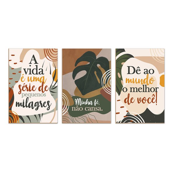 Kit 3 Quadros Decorativos Boho Frases Folhagens Kit 3 Quadros Decorativos Boho Frases Folhagens