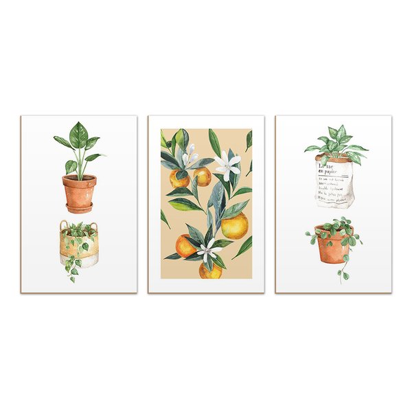 Kit 3 Quadros Decorativos Laranjas e Folhagens Verdes Kit 3 Quadros Decorativos Laranjas e Folhagens Verdes