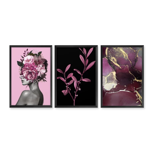 Kit 3 Quadros Decorativos Mulher Flores Abstráto Mármores Rosa Kit 3 Quadros Decorativos Mulher Flores Abstráto Mármores Rosa