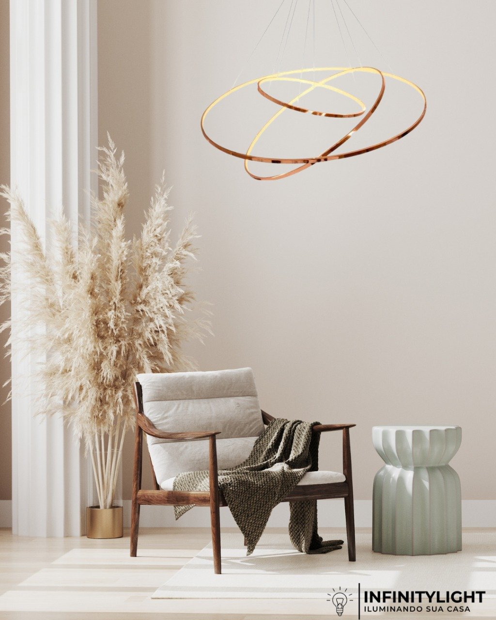 04 lustre pendente bella birdie 3 aros rose gold led bivolt