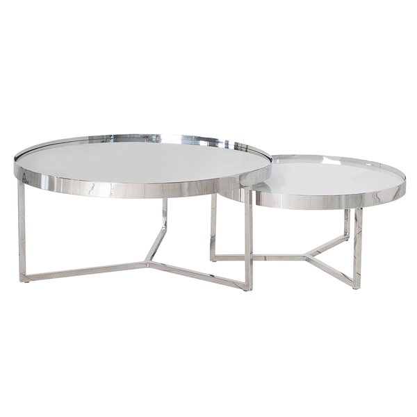 mesa centro sevilha conjunto vidro branco e espelhada aco inox polido