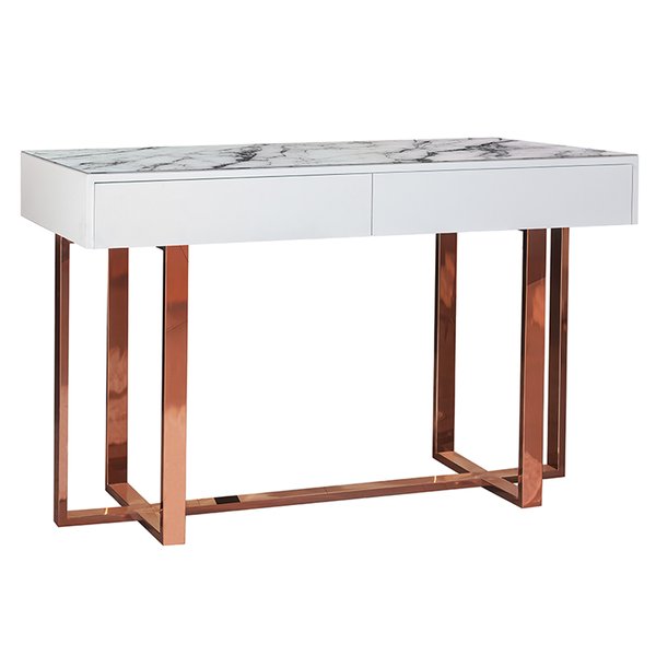 mesa de atendimento veneza com duas gavetas laca branca vidro marmorizado branco aco inox rose 02