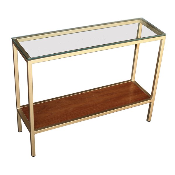 mesa lateral gabi 70 x 25 x 60 vidro transparente e carvalho castanho aco carbono dourado