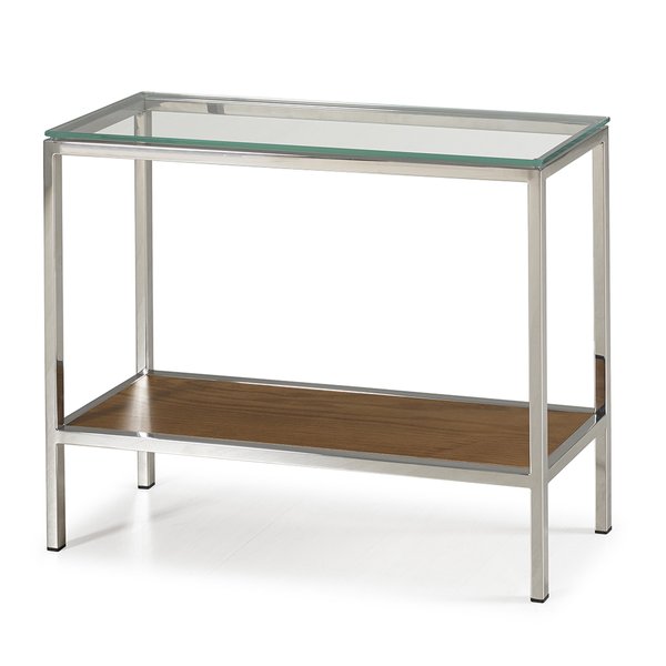 mesa lateral gabi 70 x 25 x 60 vidro transparente e carvalho castanho aco inox polido