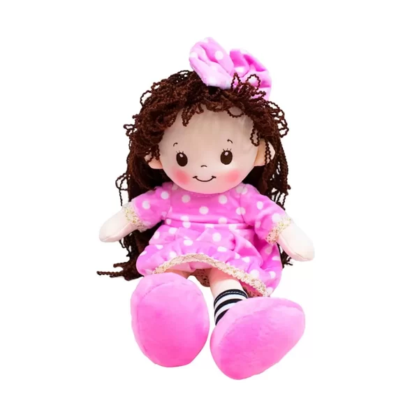 Boneca de Pano vestido rosa cabelo cacheado 38cm - Fofy Toys