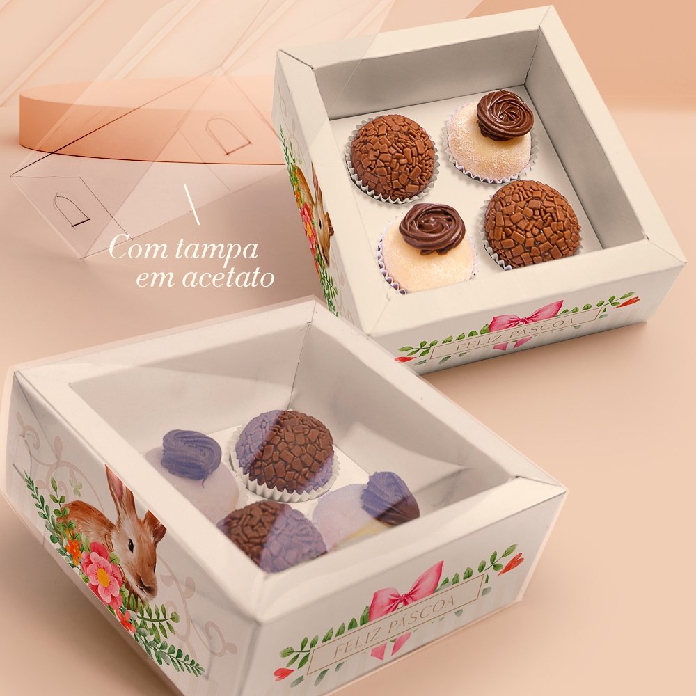Caixa para 4 Doces com Tampa de Acetato Encantada (10 unidades) Caixa para 4 Doces com Tampa de Acetato Encantada (10 unidades)