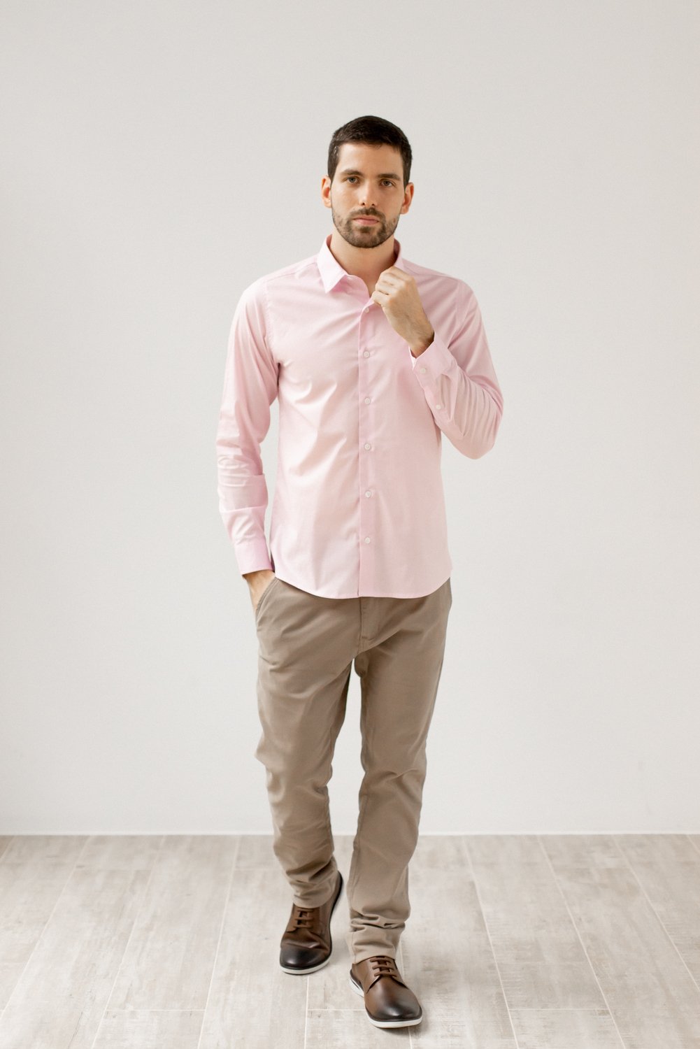 Camisa Slim Fit Manga Longa Rosa