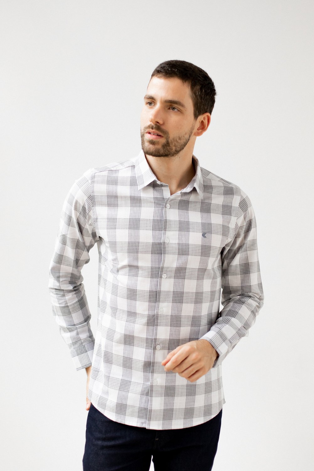 Camisa Slim Fit Xadrez Cinza 2