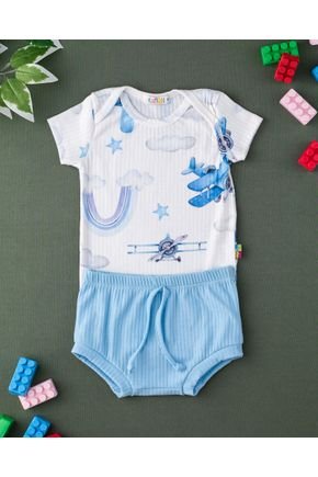 Conjunto Bebe Body Manga Curta e Tapa Arco-Íris - Off White e Aqua