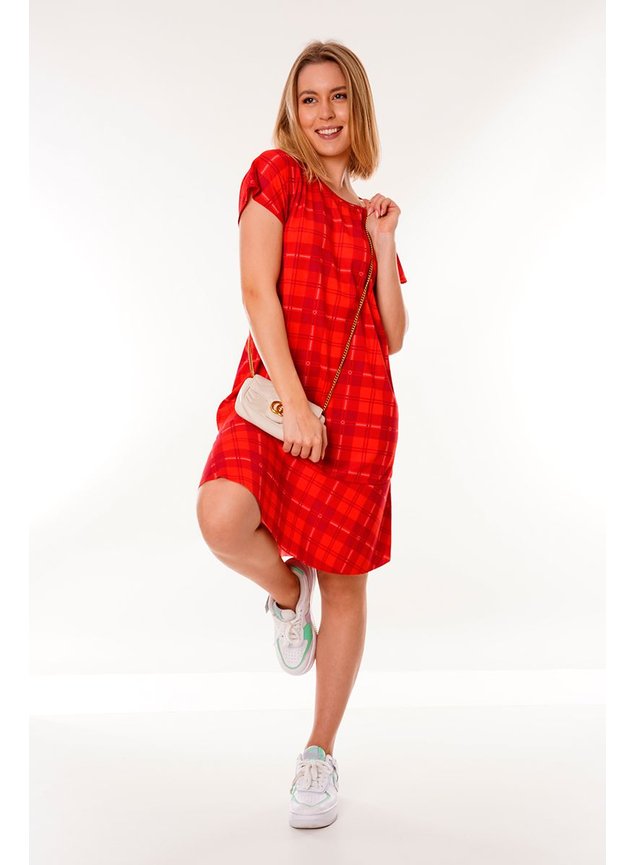 vestido curto raglan de gabardine xadrez vermelho 2