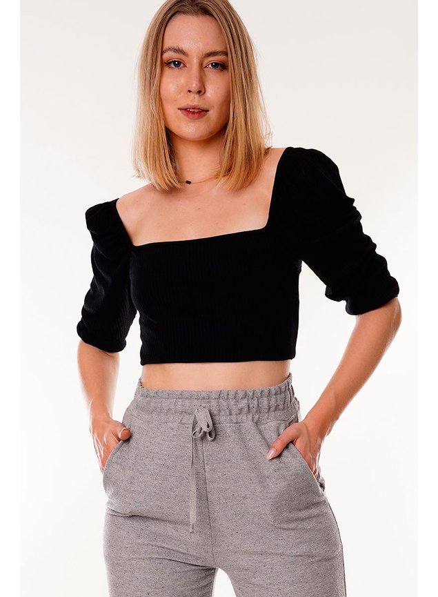 hundred mother telegram Blusa Cropped Com Amarração Costas Canelado Preta