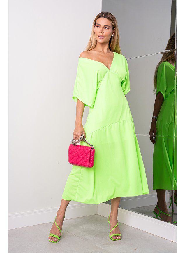 vestido midi ramile de crepe verde neon 3