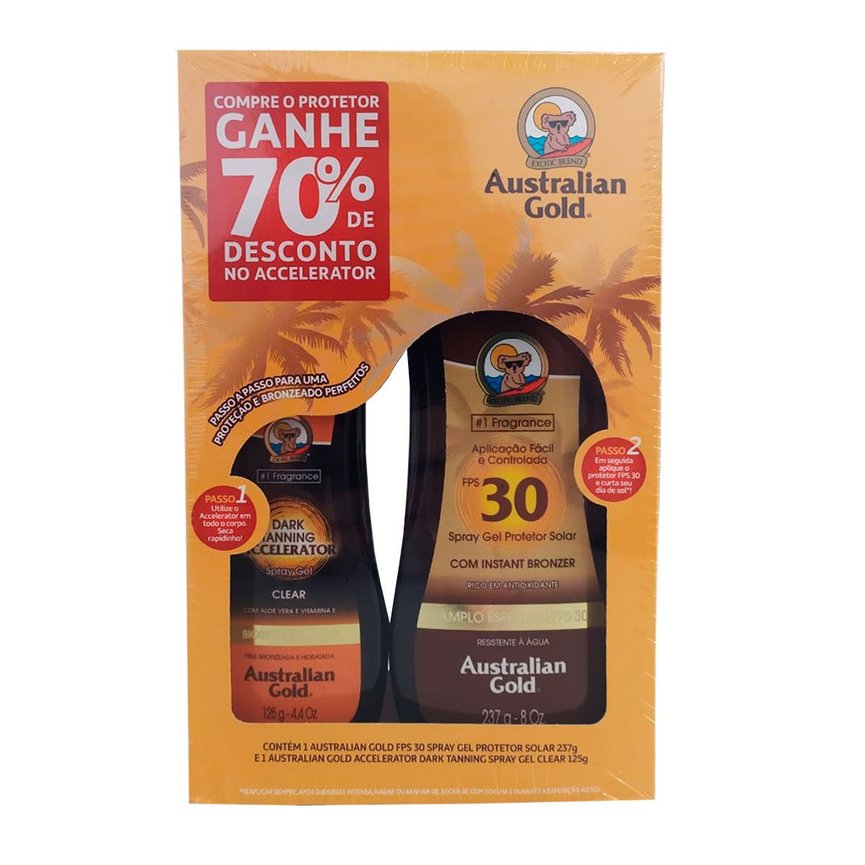 Kit Accelerator Clear Spray Gel + Protetor Solar Australian Gold Kit Accelerator Clear Spray Gel + Protetor Solar Australian Gold