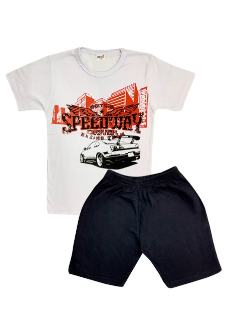 01 conjunto camiseta e bermuda menino speedway carro kidstok