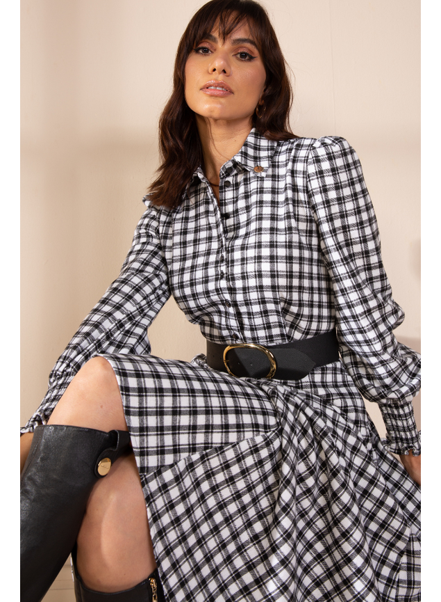 Vestido midi xadrez feminino roupas de verão 2022 manga longa