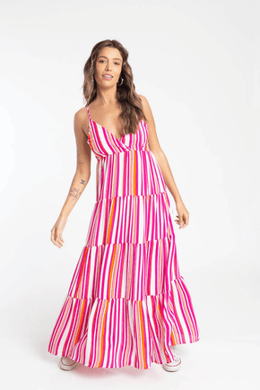 vestido longo decote v listrado