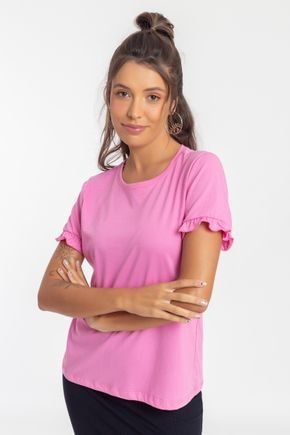 tshirt basica manga com babado rosa frente