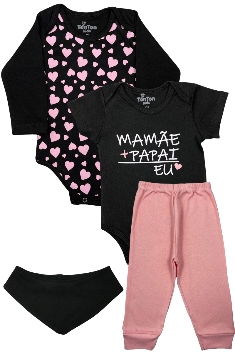 Kit Body Bebê Menina 4 Peças Corações Papai e Mamae Preto com Babador -  Tonton Kids