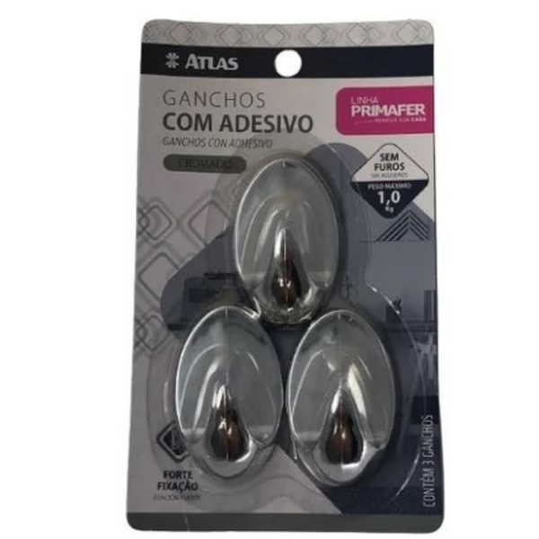 Gancho Adesivo De Plástico Cromado 3 Peças Atlas