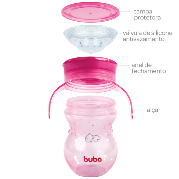 Copo de Treinamento 360° Buba Antivazamento com Alças Rosa 210ml