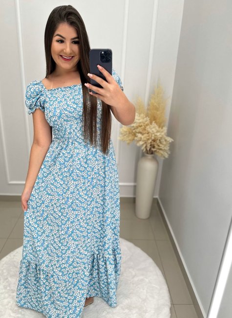 Vestido Longo sem Bojo Lastex na Cintura Manga Princesa Azul Bebe