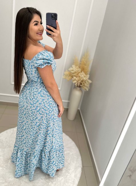 Vestido Longo sem Bojo Lastex na Cintura Manga Princesa Azul Bebe