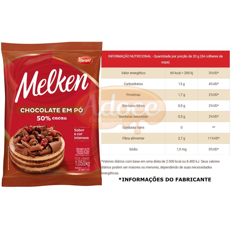 CHOCOLATE EM PÓ 50% CACAU MELKEN 1,05KG HARALD