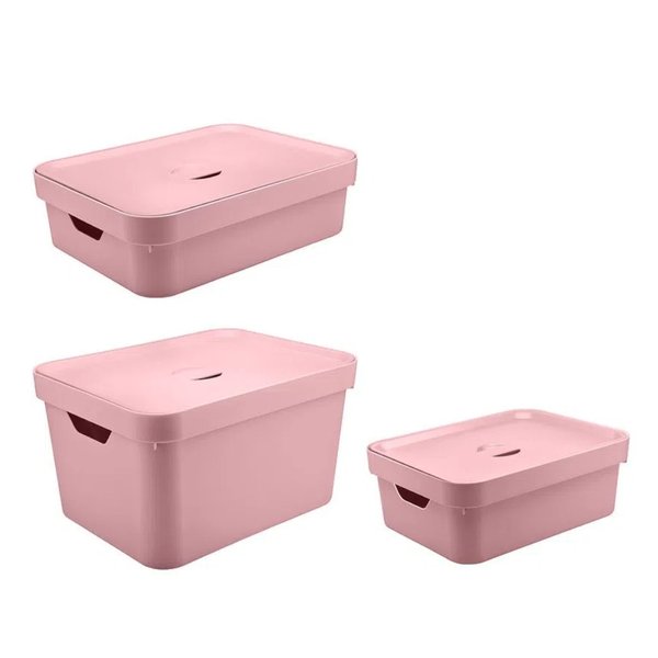 Conj. 3 Caixas Organizadoras Cube com Tampa Cestos Closet - OU - Rosa